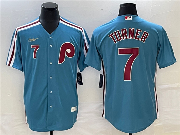 Men's Philadelphia Phillies #7 Trea Turner Blue Cool Base With Patch Stitched Jersey